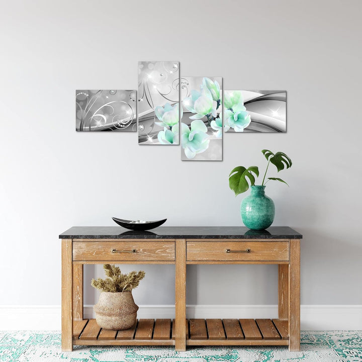 Runa Art Bild Modern Blumen Abstrakt - Made in Germany - Wandbilder Diamant Grau Türkis 4 Teilig 035