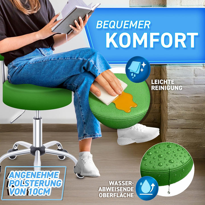 TRESKO® Rollhocker mit Lehne Grün | Arbeitshocker höhenverstellbar 46-58 cm | Drehhocker mit Rollen