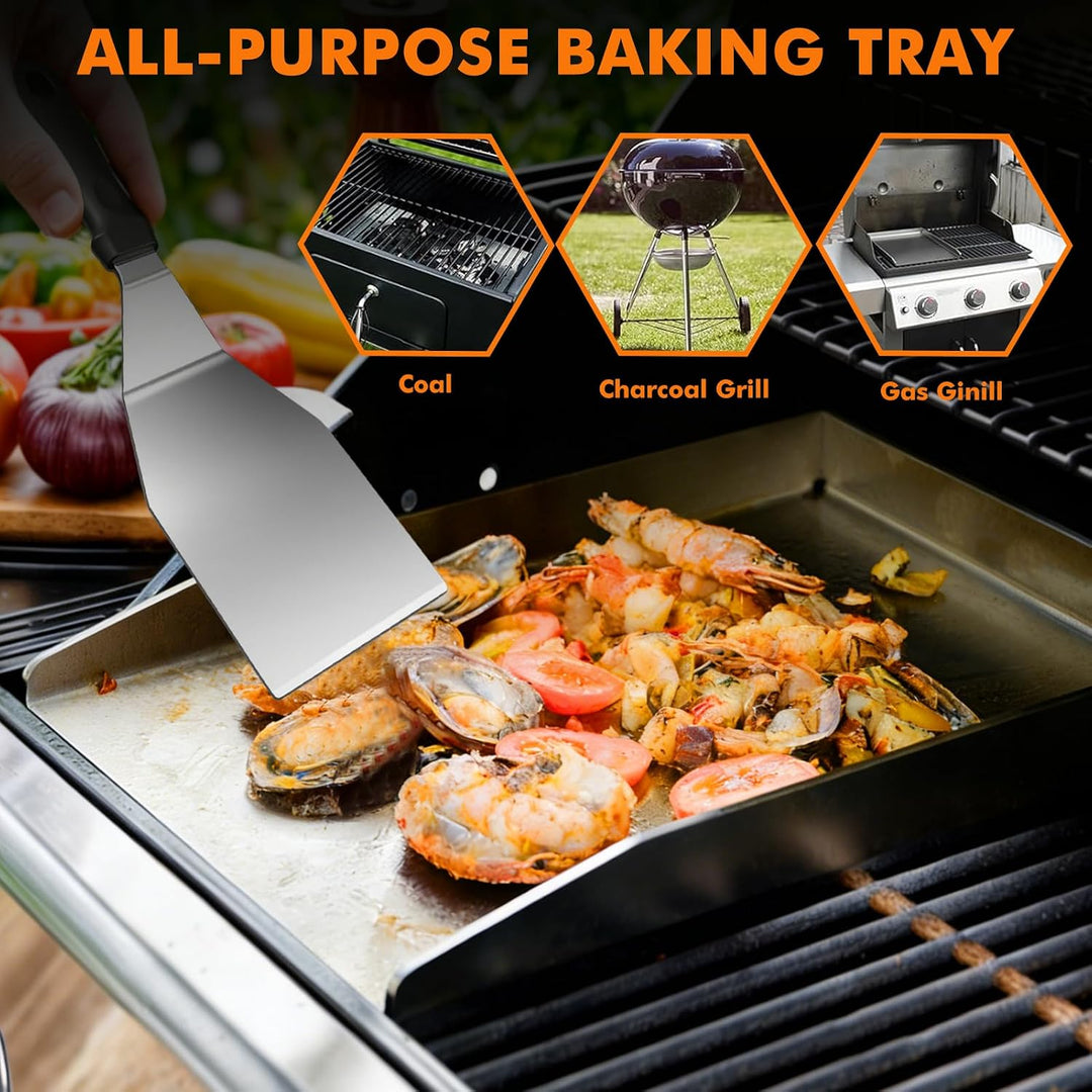 Grillplatte Plancha Geschenke für Männer Frauen 40 x 30cm, mit 2 Grillspachtel Set, BBQ Grillplatte