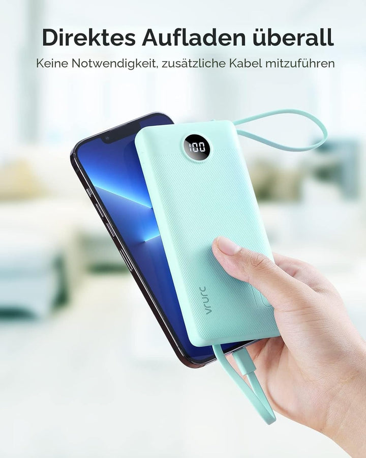 VRURC Powerbank mit Kabel 10000mAh Power Bank Tragbares Ladegerät USB C Externer Handy Akkus LED Dis