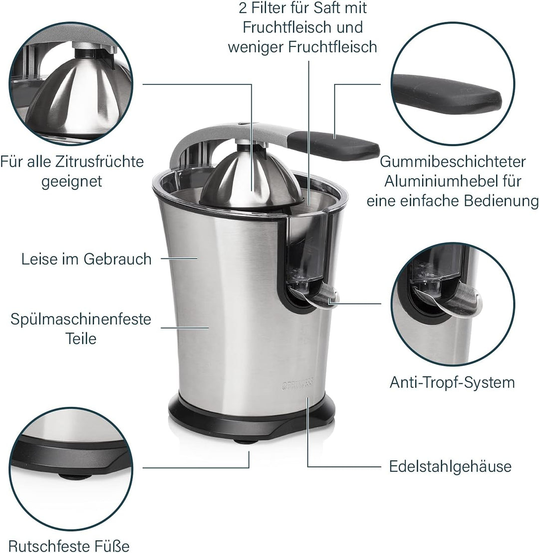 Princess Master Juicer Pro, Edelstahl Presskegel, 300 W Motor, Rostfreier Edelstahl, 201860, Silber