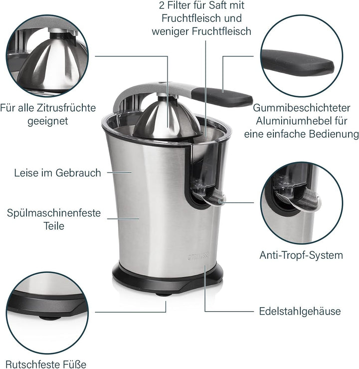 Princess Master Juicer Pro, Edelstahl Presskegel, 300 W Motor, Rostfreier Edelstahl, 201860, Silber