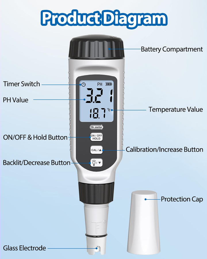 PH Messgerät, Dr.meter PH Messgerät Wasser 0.01Hochpräziser PH Wert Messgerät mit Alarm-LCD-Display