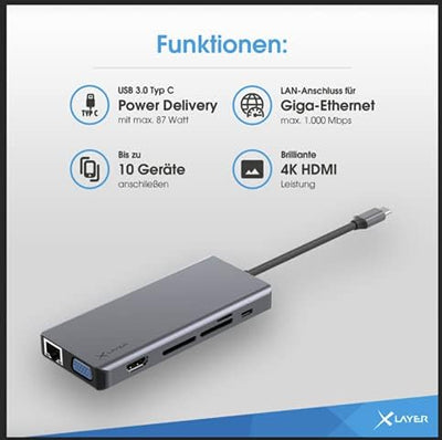 Xlayer Docking Station USB 3.0 Typ C Hub 13-in-1 mit Power Delivery, HDMI 4K, SD/TF- Slot, Kartenles