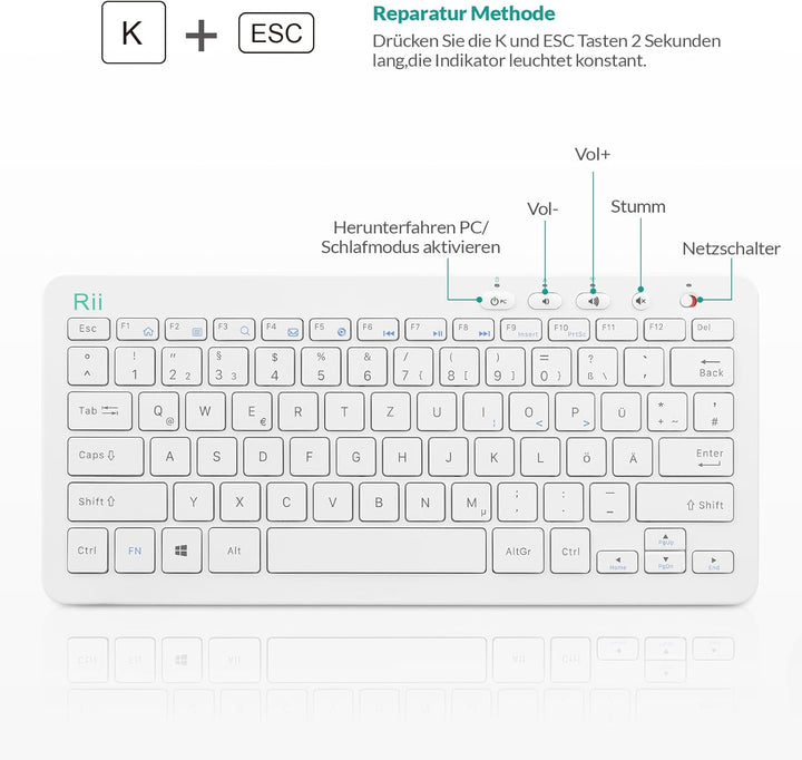 Rii Tastatur Maus Set Kabellos, 2.4G Kabellose Kompakte Tastatur mit Funkmaus für Laptop, PC und Sma