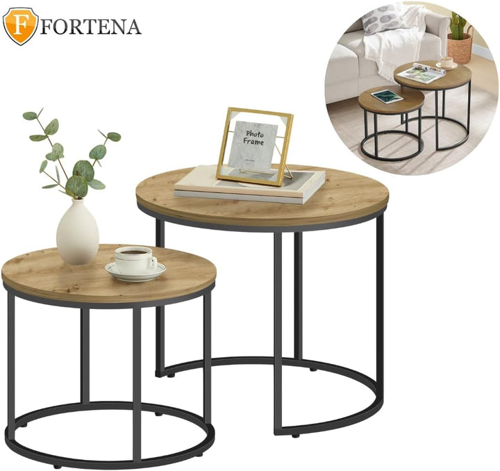 FORTENA 2er Set Couchtische, Schwarze oder goldene Metallbeine, Industrial-Stil, Raund (Artisan – Sc