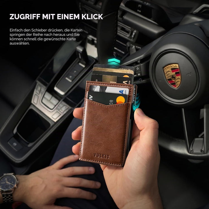 VULKIT Kreditkartenetui Leder Kartenetui RFID Blocking Automatische Pop Up Visitenkartenetui für Kar