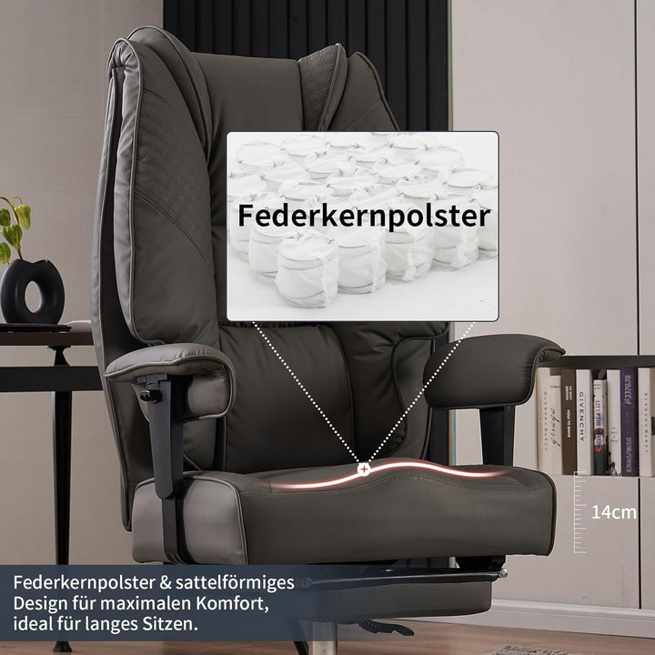 Bürostuhl Ergonomisch, Chefsessel mit Hoher Rückenlehne, Verstellbaren Armlehnen und Breitem Sitz, P