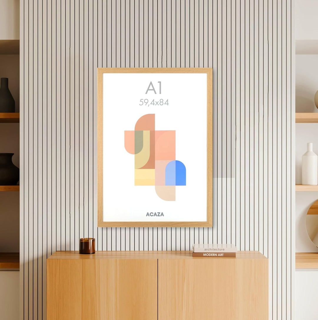 ACAZA A1 Bilderrahmen 59,4x84 cm Format Din A1 Warme Eiche, MDF Holz mit bruchsicherem Acrylglas, fü