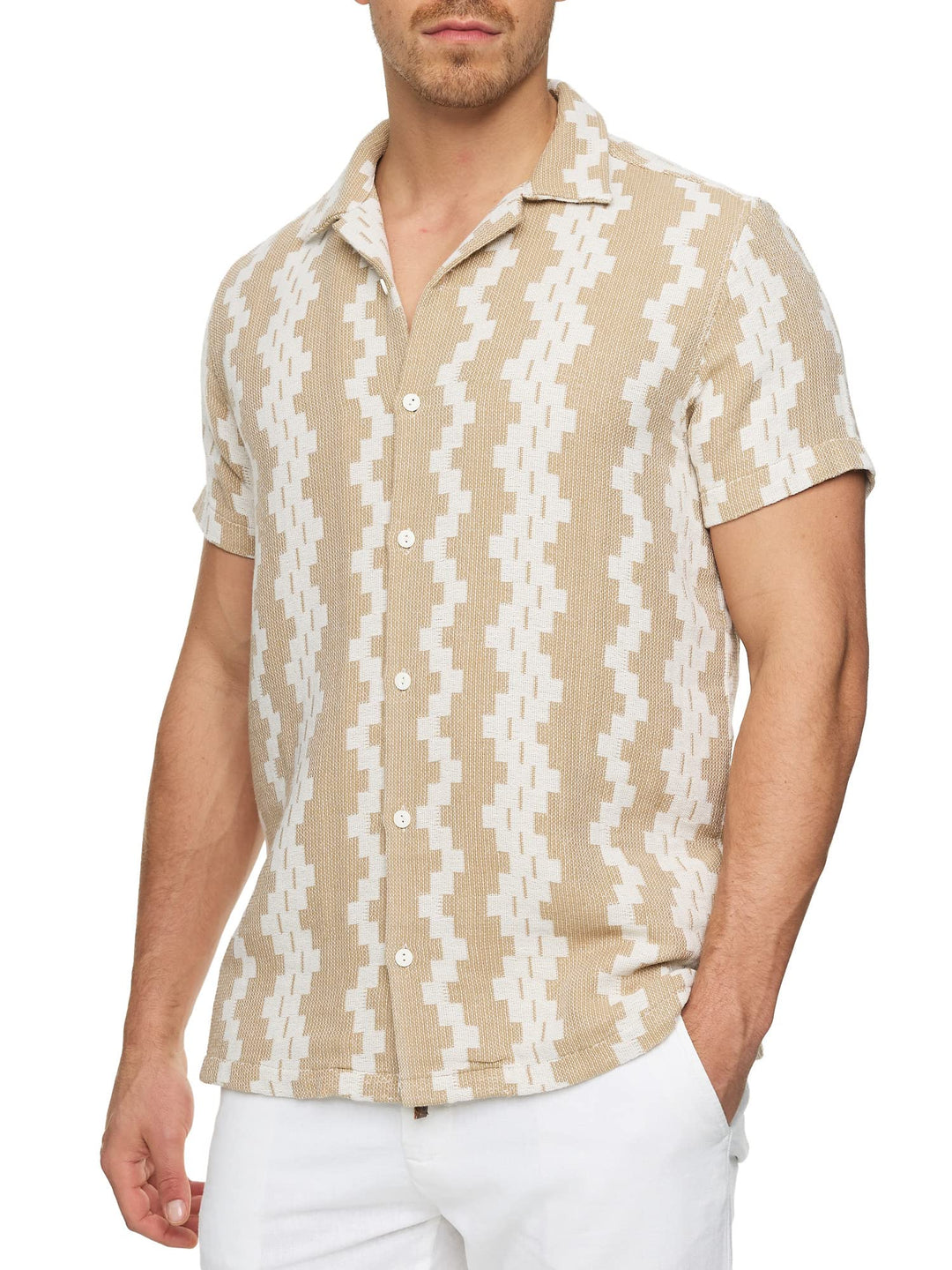 Indicode Herren INCosby Kurzarmhemd mit Button-Down-Kragen | Herrenhemd gestreift Kurzarm Hemd M Wei
