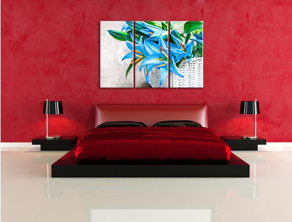 Pixxprint schöne Blaue Blumen im Körbchen / 3-Teilig/Gesamtmass 120cm Leinwandbild bespannt auf Holz