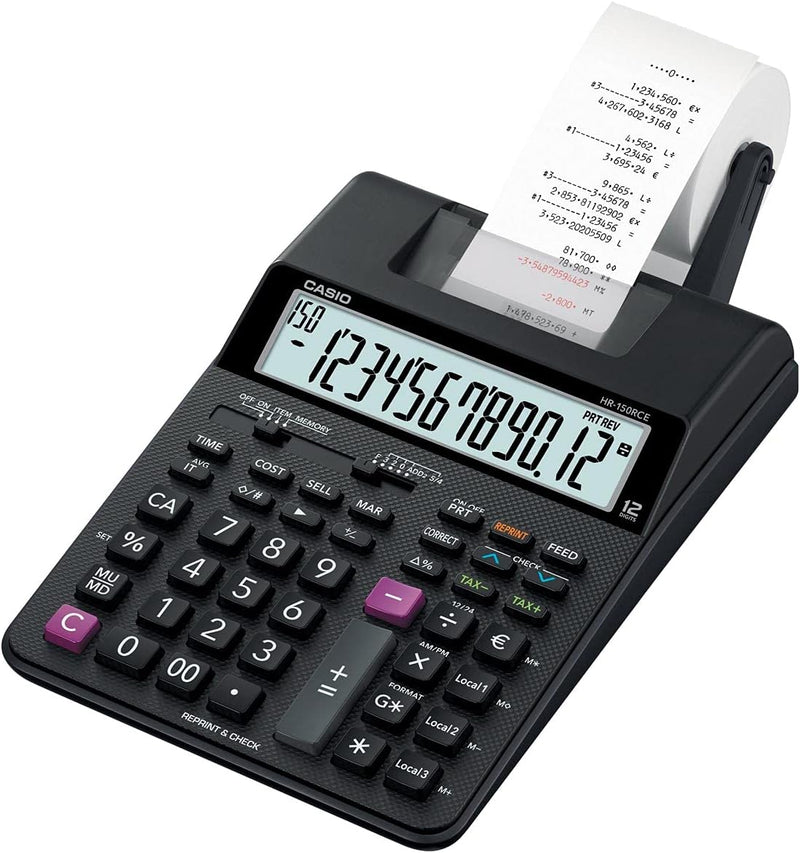 CASIO Druckender Tischrechner HR-150RCE, 12-stellig, 2-Farbdruck, Nachträglicher Druck, Gesamtsummen