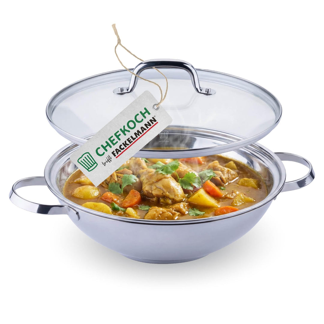 FACKELMANN Chefkoch trifft Wokpfanne Rosenheim – Ø30 cm, Glasdeckel inkl. Dampföffnung und Aluminium