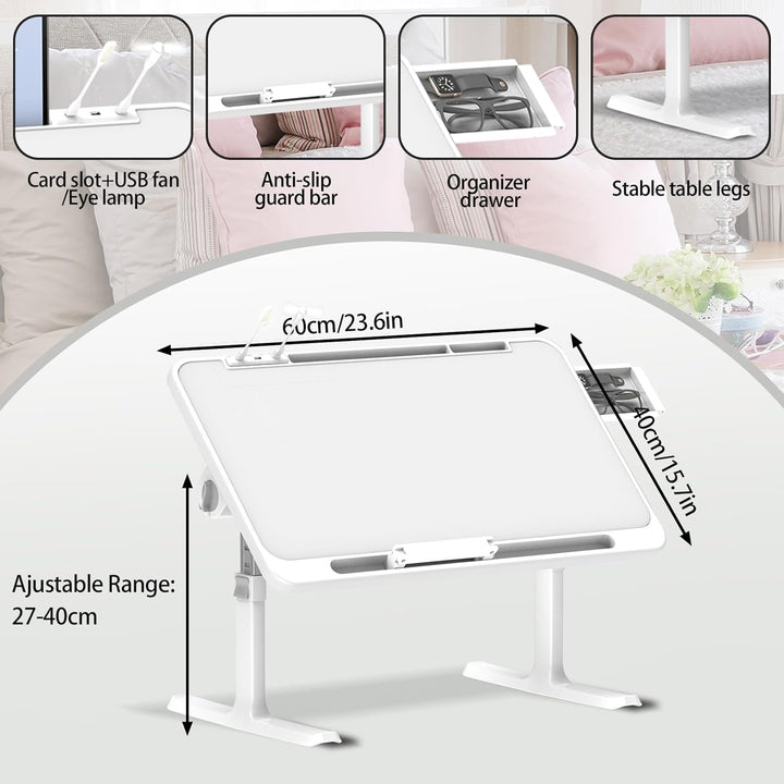 Klappbarer Laptoptisch mit Schublade, LED & Ventilator – Höhenverstellbarer Schreibtisch für Bett, S