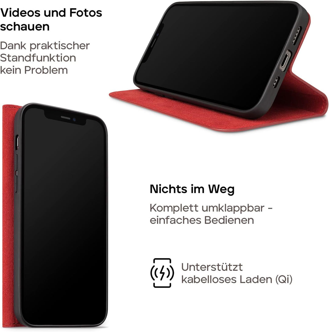 WIIUKA Hülle für iPhone 14, Leder aus Deutschland, mit Kartenfach, extra Dünn, Handyhülle mit Standf