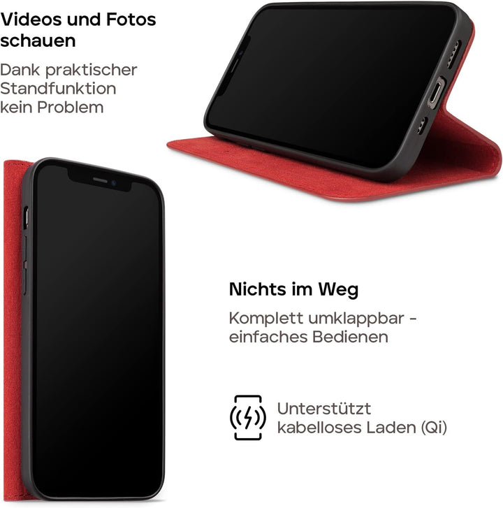 WIIUKA Hülle für iPhone 14, Leder aus Deutschland, mit Kartenfach, extra Dünn, Handyhülle mit Standf