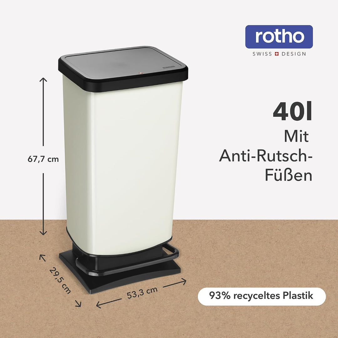 Rotho Paso Mülleimer 40 Liter mit Pedal und Deckel, Kunststoff (PP) BPA-frei, weiss metallic, 40l (3