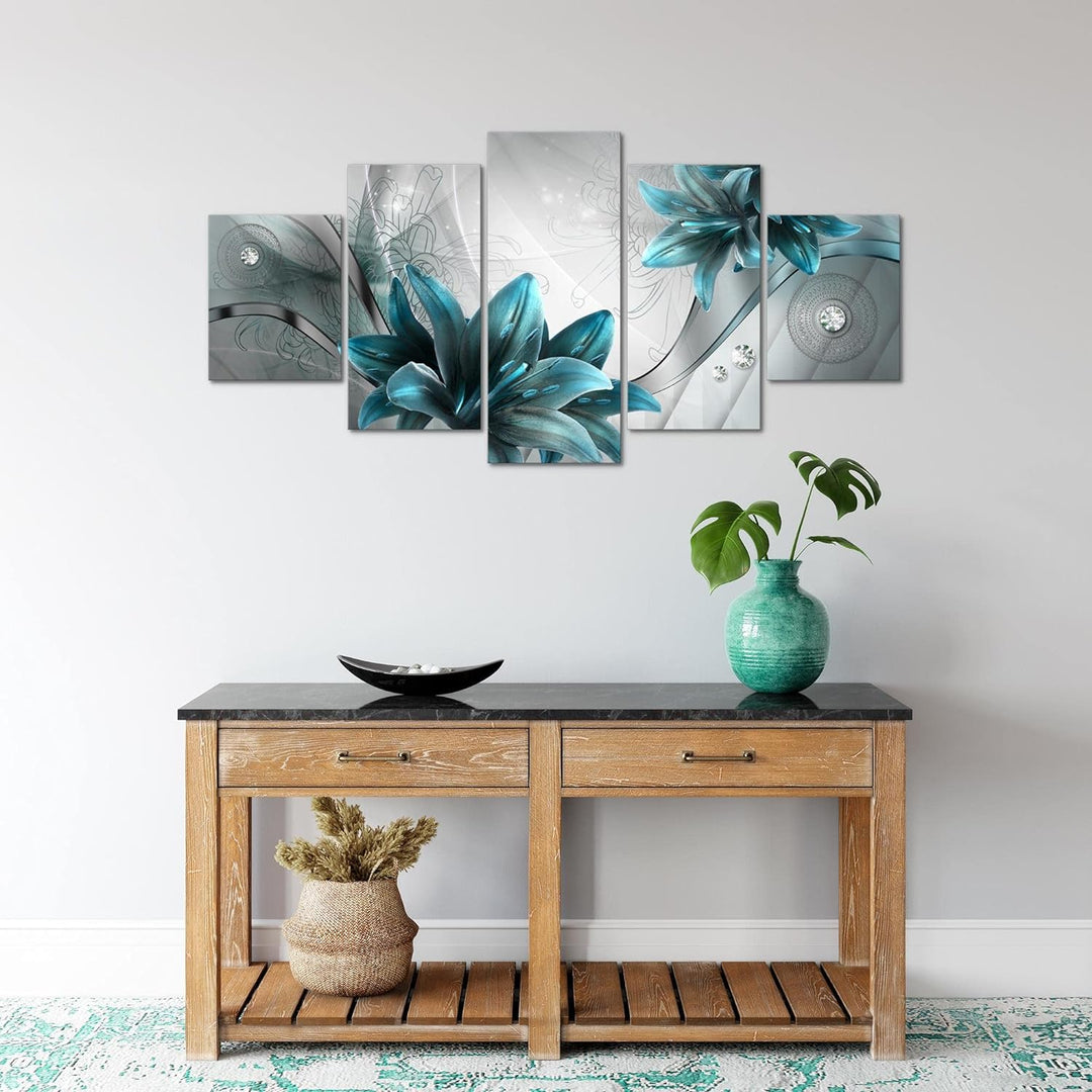 Runa Art Wandbilder Blumen Lilien 5 Teilig Bild auf Vlies Leinwand Deko Wohnzimmer Abstrakt Grau Bla