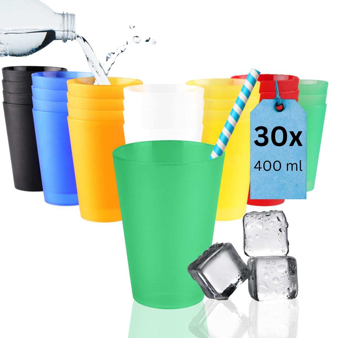 S&S-Shop 30 Hartplastik Trinkbecher 400ml, Mix Set, 6 Farben, Mehrwegbecher, Cocktailgläser, Camping