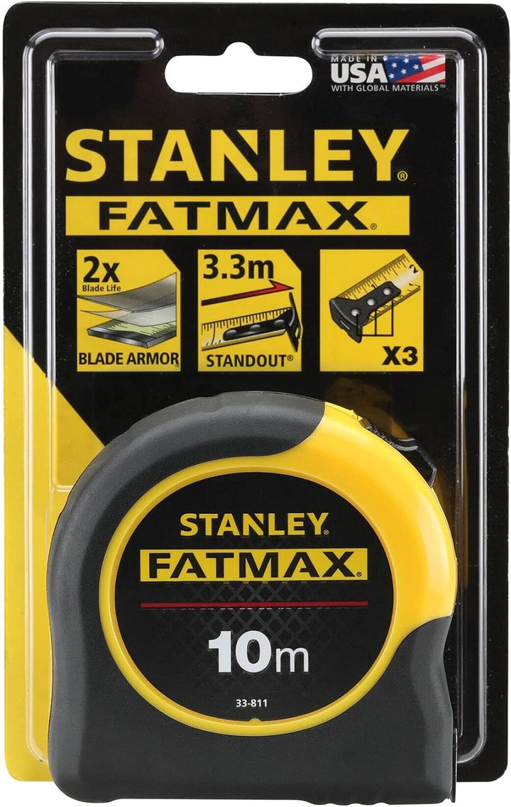 Stanley FatMax Bandmass Blade Armor (10 m Länge, Feststeller, automatischer Rücklauf, Gürtelclip, Dy