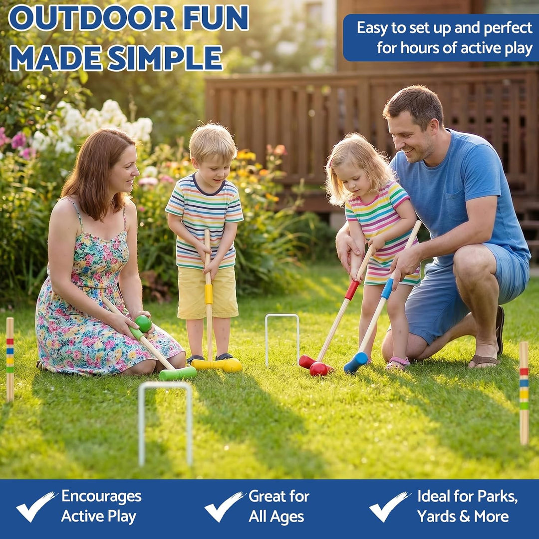WOODENFUN Holz Krocket Set Spiel Crocket für 4 Spieler Kinder Erwachsene Aussenbereich Krocketspiel