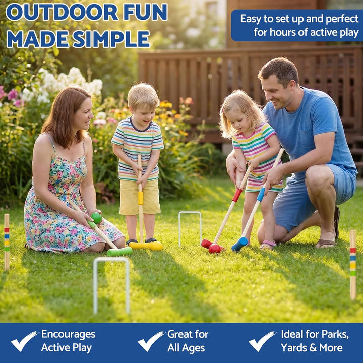 WOODENFUN Holz Krocket Set Spiel Crocket für 4 Spieler Kinder Erwachsene Aussenbereich Krocketspiel