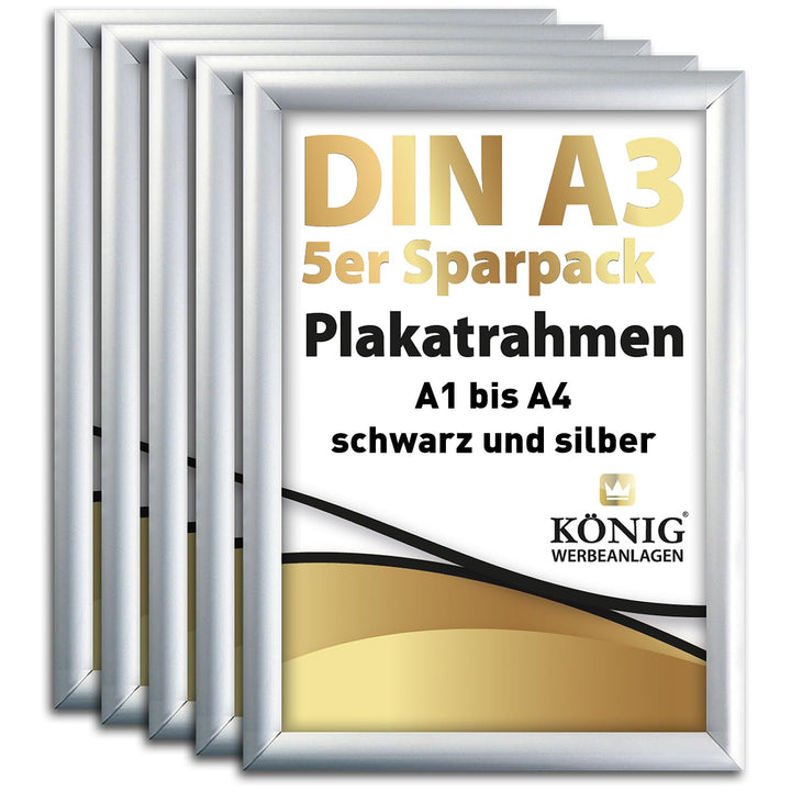 5 Plakatrahmen DIN A3 | 25mm Aluminium Profil, Silber | inkl. entspiegelter Schutzscheibe | Alu Klap