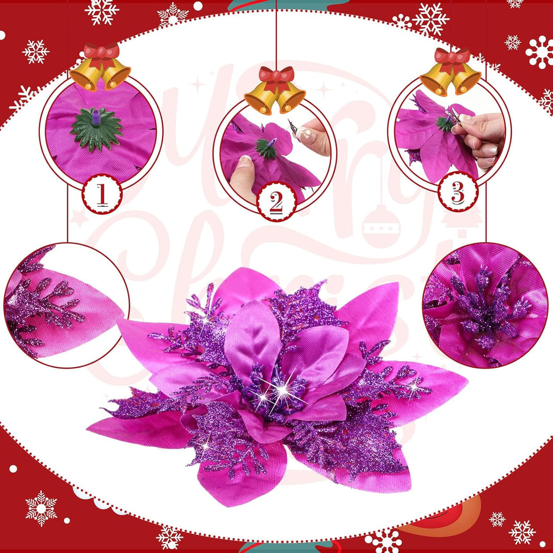 24 Weihnachten Künstliche Glitzer Weihnachtsstern Blumen Künstlich Weihnachtsblumen Hochzeit Dekorat
