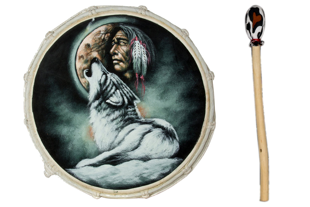 40cm Grosse Schamanentrommel Wolf mit Indianer Rahmentrommel Bodhran Drum