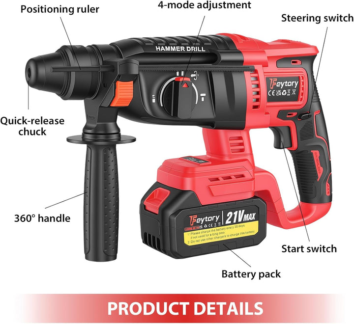 21V Akku Bohrhammer Set mit 2 Batteries & Ladegerät, 0-1000 U/min, 26mm Bohrkapazität, Kabelloser Mu