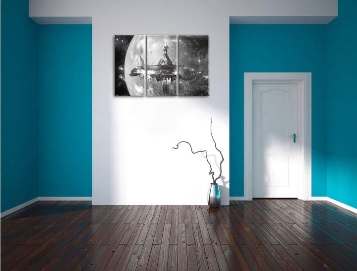 Pixxprint Raumschiff vor der Erde / 3-Teilig/Gesamtmass 120cm Leinwandbild bespannt auf Holzrahmen/W