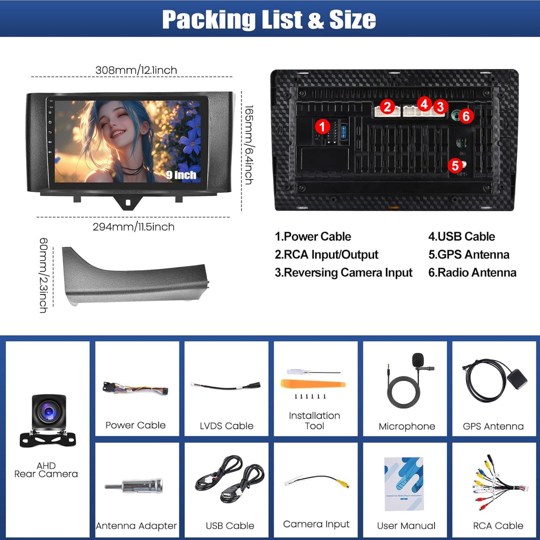 CAMECHO 2+64G Android 13 Autoradio 9 Zoll für Mercedes Benz Smart Fortwo W451 2011-2015 mit Wireless