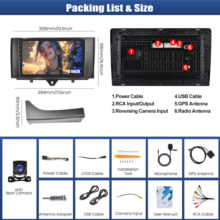 CAMECHO 2+64G Android 13 Autoradio 9 Zoll für Mercedes Benz Smart Fortwo W451 2011-2015 mit Wireless