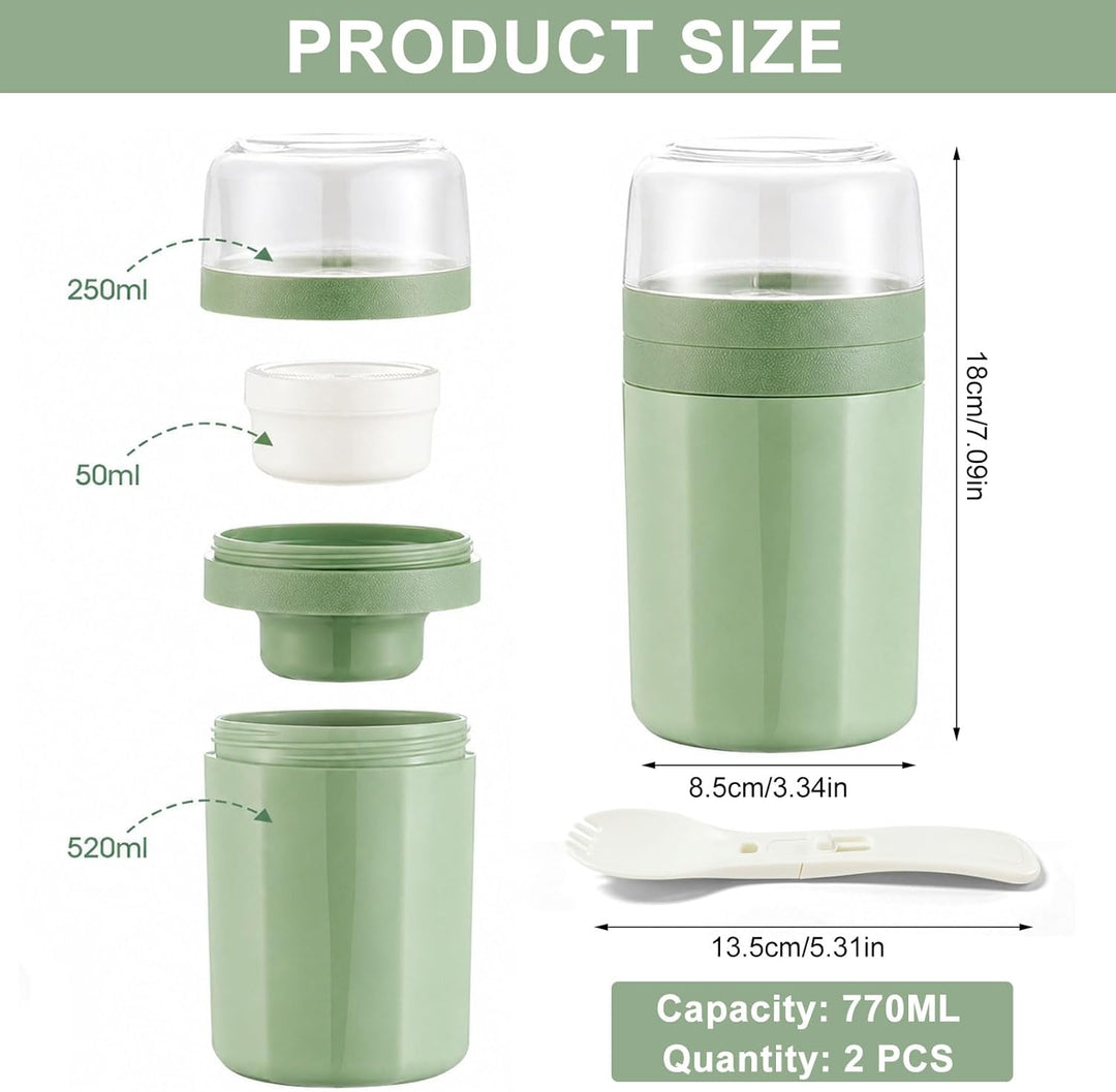 Bocguy 2 Stück Müslibecher To Go, 770ML Joghurt To Go Becher, PP-Material Porridge Becher Tragbar, 3