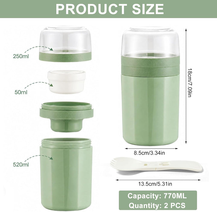 Bocguy 2 Stück Müslibecher To Go, 770ML Joghurt To Go Becher, PP-Material Porridge Becher Tragbar, 3
