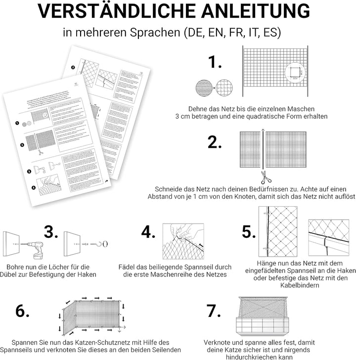 FinoPet Katzennetz für Balkon drahtverstärkt 8x3 Meter inklusive Befestigungsmaterial, Katzenschutzn