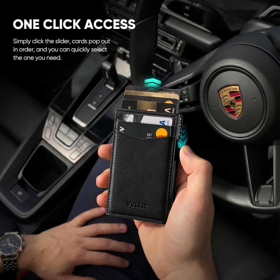 VULKIT Kreditkartenetui Leder Kartenetui RFID Blocking Automatische Pop Up Visitenkartenetui für Kar