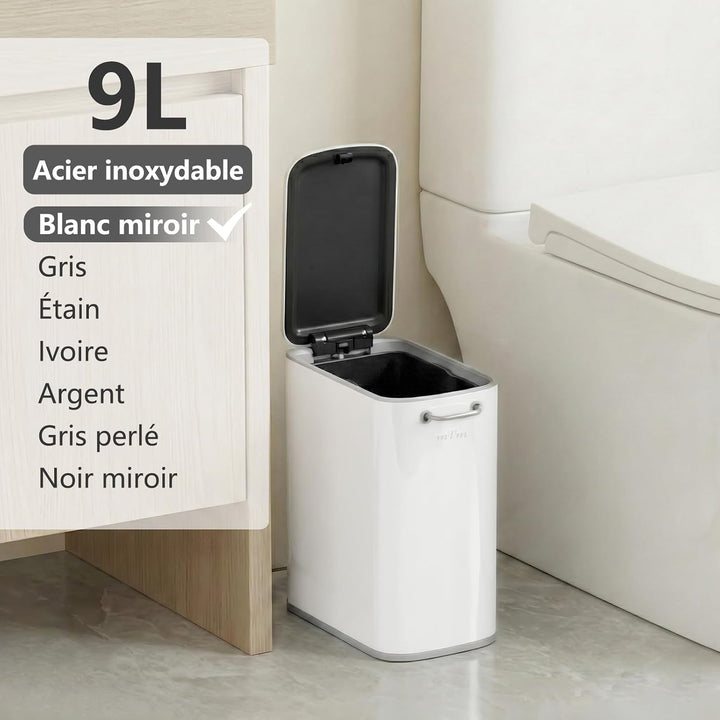 mVm Mülleimer Bad 9L, Abfalleimer Edelstahl, Handbetätigter, Weiss | Soft-Close, Herausnehmbarem Inn