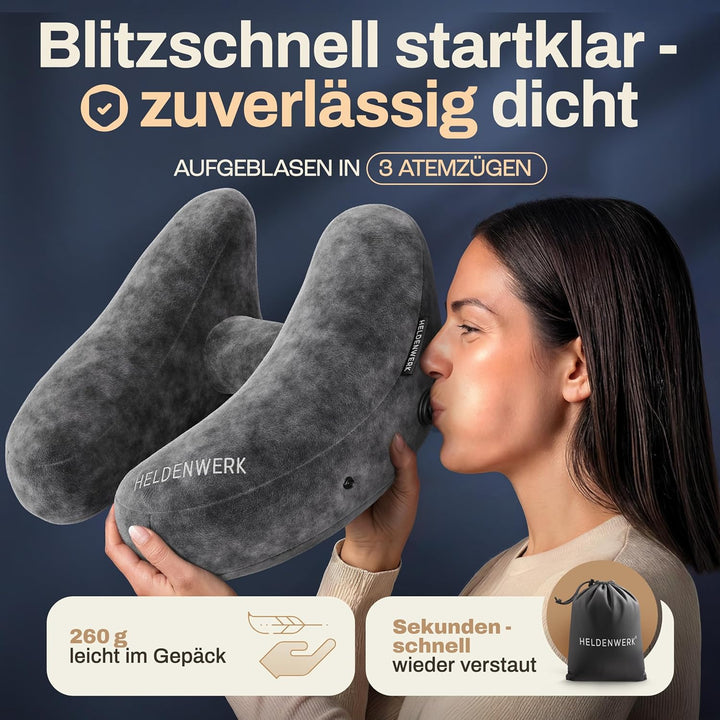 HELDENWERK® Air Nackenkissen Flugzeug Aufblasbar | Reisekissen für 5 Schlafpositionen, schnell aufbl