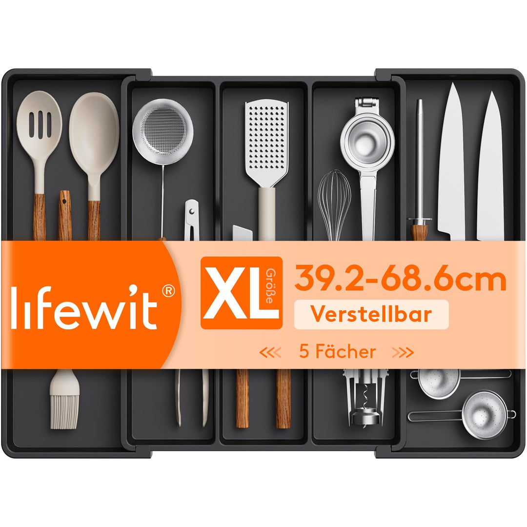Lifewit Besteckkasten für Schubladen, Grosser Utensilienständer Erweiterbar auf 69 cm, verstellbarer