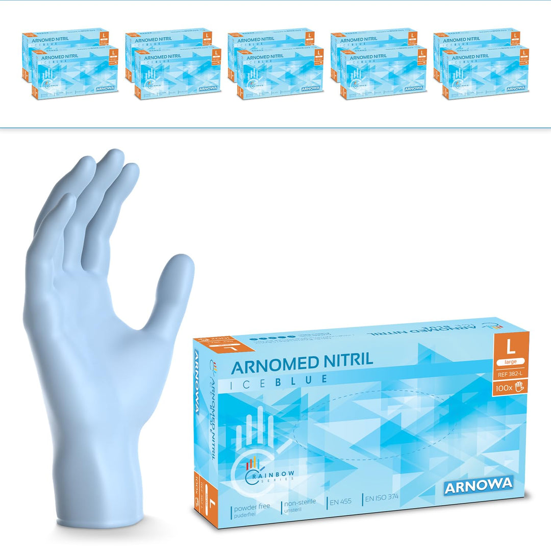 1000 Stück ARNOMED Einweghandschuhe Hellblau, Einmalhandschuhe L, Nitril Handschuhe Einweg, Nitrilha