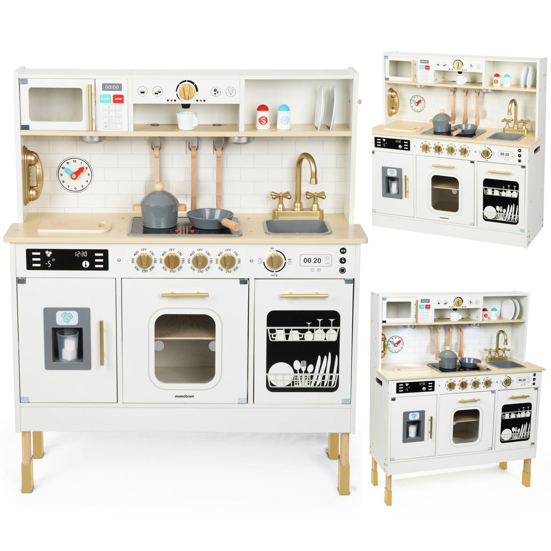 Mamabrum Holz-Kinderküche mit LED-Beleuchtung - Höhenverstellbare Spielküche Set mit Eiswürfelbereit