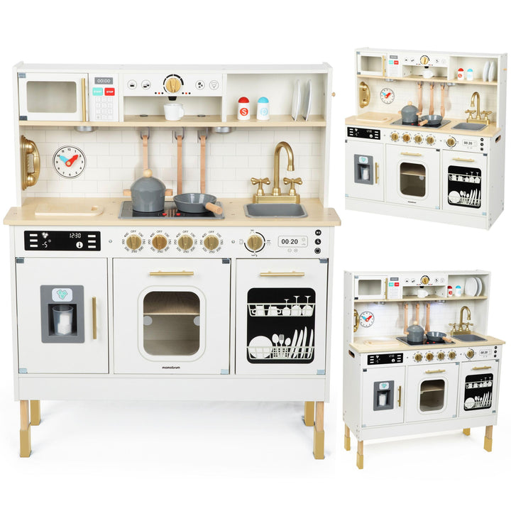 Mamabrum Holz-Kinderküche mit LED-Beleuchtung - Höhenverstellbare Spielküche Set mit Eiswürfelbereit