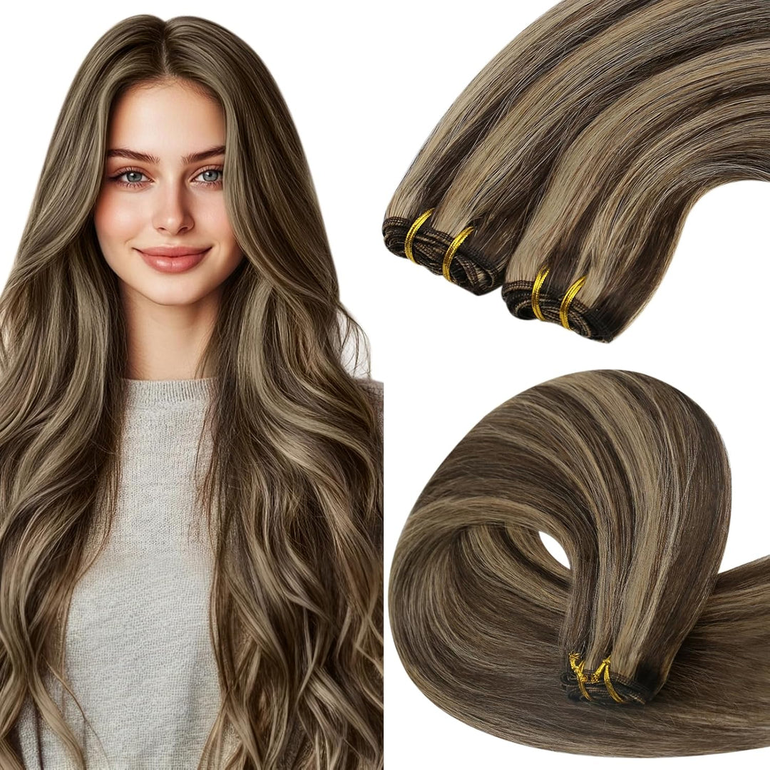 YoungSee Echthaar Tressen Dunkelbraun Tressen Extensions Echthaar Braun Blond Tressen Echthaar 40cm