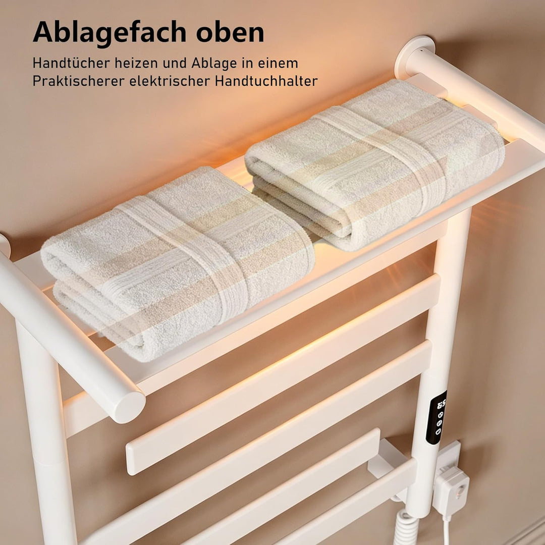 Handtuchheizkörper Elektrisch 66 x 55cm, 180° Drehung Handtuchwärmer Elektrisch mit Heiz-Ablage, WiF