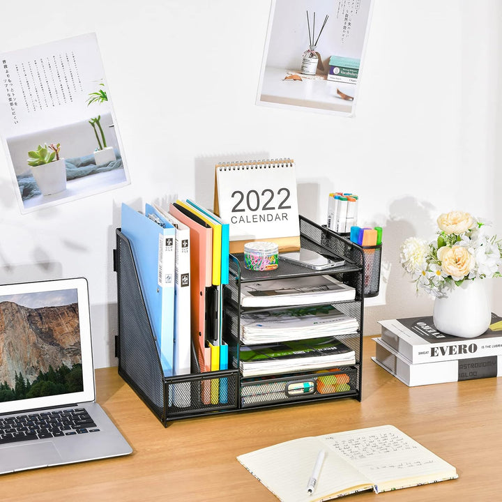 Marbrasse Schreibtisch Organizer mit Aktenhalter, 5 Ebenen Papier Briefablage mit Schublade und 2 St
