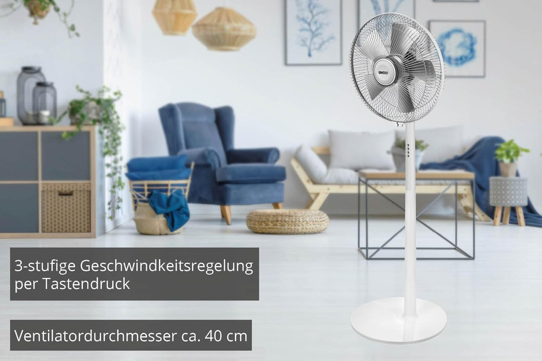 Unold 86820 Silverline Standventilator White - Weiss, 50 W, 3-stufige Geschwindkeitsregelung, Oszill
