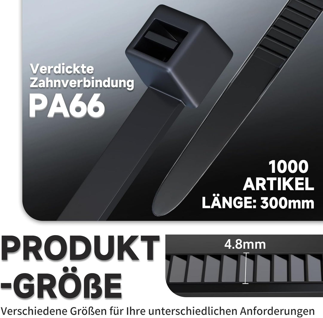 ZENIX Kabelbinder Schwarz 4.8mm x 300mm, 1000 Stück Kabelbinder UV Beständig lang, Schwarze Binder m