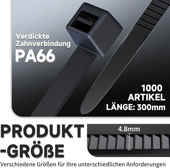 ZENIX Kabelbinder Schwarz 4.8mm x 300mm, 1000 Stück Kabelbinder UV Beständig lang, Schwarze Binder m