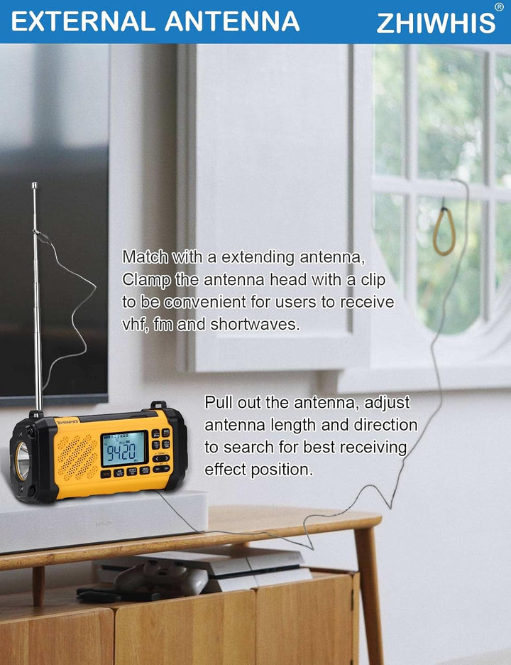 ZHIWHIS Notfall-Radio mit Bluetooth, 10000mAh FM/AM/SW/VHF/NOAA Wetterradios mit Warnungen, Handkurb